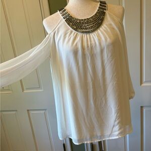 Thalia Sodi Cream Asymmetrical Embellished Open Sleeve Blouse